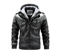 Men's Winter American Style Solid Color Pu Leather Hooded Jacket Male 2 Piece Sets Coats