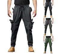 Mens Winter Cargo Trousers, Elastic Waist Drawstring Work Pants Casual Solid Color Joggers Trousers Outdoor Thermal Walking Trouser with Multiple Pockets Combat Tactical Sport Trouser