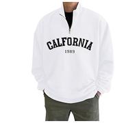 Men's Winter Casual Loose Oversize Zip Solid Stand-Up Collar Hoodie Pullover Coat Top, White, L