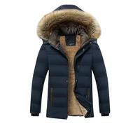 Mens Winter Coat Fleece Lined Velvet Puffer Jacket Zip Up Padded Overcoat with Hood and Pockets Thermal Windproof Solid Colour Outerwear Body Warmer Windbreaker Classic Comfy Loungewear
