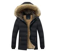 Mens Winter Coat Fleece Lined Velvet Puffer Jacket Zip Up Padded Overcoat with Hood and Pockets Thermal Windproof Solid Colour Outerwear Body Warmer Windbreaker Classic Comfy Loungewear