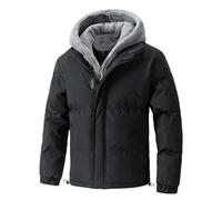 Mens Winter Coat with Fleece Hood Full Zip Warm Coats with Pockets Short Quilted Cotton Jacket Casual Comfort Padded Overcoat Solid Colours Windbreaker Outwear Plus Size Men's Jackets Black