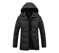 Mens Winter Jackets with Detachable Hood Fleece Lined Puffer Coats Mid Length Thermal Fleece Quilted Coat Zip Pockets Classic Fit Padded Jacket Outdoor Clothes for Skiing