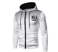 Men's Winter Leisure Warm Coat Sport Dragon Print Polka Zip Pocket with Hood Warm Pocket Pullover Top, White, XL
