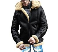 Mens Winter Suede Sherpa Jackets Warm Fleece Coats Parka Faux-Fur Hood Anorak Motorcycle Jackets Overcoat Outwear Black