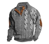 Men's Winter Sweatshirt with Button Placket Striped Thermal Jumper Jacquard Long Sleeve Jumper Stand-Up Collar Sweater Thick Knitted Jumper Casual Long Sleeve Jumper Plain Jumper, GY2, M