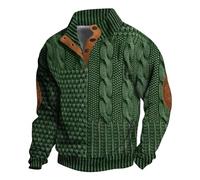 Men's Winter Sweatshirt with Button Placket Striped Thermal Jumper Jacquard Long Sleeve Jumper Stand-Up Collar Sweater Thick Knitted Jumper Casual Long Sleeve Jumper Plain Jumper, Green, L