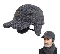 Mens Winter Thick Warm Baseball Cap with Ear Flaps Classic Tweed Peaked Hats Plain Visor Dad Hat with Foldable Ear Warmer Outdoor Sport Hat Windproof Hunting Trapper Hat