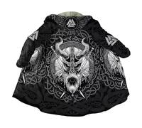 Men's Winter Warm Robe, 3D Full Print Viking Totem Nordic Mythology Tattoo, Cashmere Hooded Coat Parka, Horn Buckle Bathrobe(Odin,S)