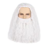 Mens Wizard Beard and Wig White Long Curly Fake Hair Old Man Cosplay Carnival Halloween Party Costume Accessories