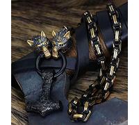 Men's Wolf Head Mjolnir Necklace, Stainless Steel Thor's Hammer Amulet Pendant Jewelry with Large Stainless Steel Handmade Byzantine Wolf King Chain Gold Silver Black,Black,60cm