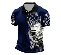 Men's Wolf & Viking Runes Polo Shirt - Short Sleeve Collared Top with 3D Print, Black White Casual Outdoor Summer Wear