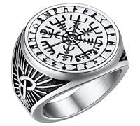 Mens, Women Signet Ring Viking Rune Finger Rings Silver Compass Vegvisir Ring for Boys Stainless Steel Pinky Rings Size Q Spiritual Gift for Anniversary