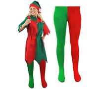 Men's & Women's Cheeky Elf Fancy Dress Costume - Christmas Outfit in Red & Green With Jingle Bells, Tights, and Hat (X-Small)