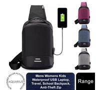 Mens Womens Kids Waterproof USB Laptop, Travel, School Backpack, Anti-Theft Zip