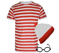 Mens Womens Red and White Stripe T-Shirt Hat Glasses Socks Set Kids 3 Piece Set Book Week Fancy Dress Party Set (T Shirt+Hat+Glasses Large)
