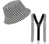 Men's Women's Ska Two Tone Instant Kit 1980's Hen/Stag Night Themed Party Fancy Dress Retro Black White Chequered Braces and Bucket Hat