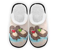 Men's Women's Slippers Otters Reading Books Plush Lining Comfort Warm Coral Fleece Ladies House Slippers for Indoor Outdoor Spa