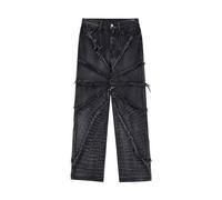 Men's Women's Vintage Jeans Y2K Hip Hop Jeans Baggy Spider Web Raw Edge Jeans Straight Leg Washed Jeans Casual Harajuku Denim Trousers Teenager Girls Boys Wide Skateboard Trousers Streetwear, black,
