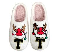 Men's Women's Winter Warm Slippers Christmas Couple with Reindeer and Letter Pattern Funny Closed Mules Plush Slip-on Slippers for Home, Bedroom, Indoor and Christmas, 01 Green4, 6 UK