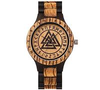 Men's Wooden Quartz Wrist Watch, Valknut Viking Wood Engraved Analog Watch, Handmade Vintage Watch, with Bamboo Box. (25cm)