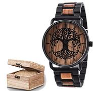 Men's Wooden Quartz Wrist Watches Viking Engraved Watch,Tree of Life Quartz Analog Wooden Wrist Watch,Nordic Vintage Fashion Watches. (Black)