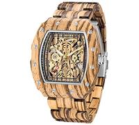 Men's Wooden Watch Skeleton Automatic Movement Wood Watch Self-Winding Watches for Men, brown&silver
