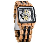 Mens Wooden Watch Unique Transparent Dial Design with Natural Wood Strap Men's Wristwatch, brown black