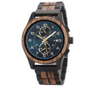 Mens Wooden Watch with Chronograph Quartz Movement Luminous Hands Date Display Running Second Sub Dial Custom Engraved Back and Wood Gift Box Analog Wood Wristwatch for Anniversary Birthday Xmas, Blue