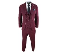 Mens Wool 3 Piece Suit Tweed Burgundy Black Tailored Fit Classic