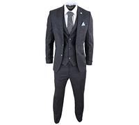 Mens Wool 3 Piece Suit Tweed Charcoal Black Tailored Fit Classic