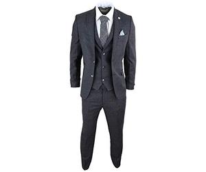 Mens Wool 3 Piece Suit Tweed Charcoal Black Tailored Fit Classic