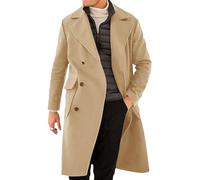 Men's Wool Blend Double Breasted Pea Coats Business Casual Trench Coat Slim Fit Notched Lapel Long Jacket Overcoat, Khaki, L