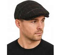 Men's Wool Tweed Flat Cap, Charcoal Windowpane Check, Heritage Style, Elasticated Back, Size 56-57cm