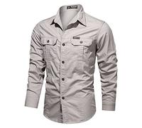 Mens Work Shirts Cotton Loose Fit Military Shirt Button Down Long Sleeve Shirts with Pocket Utility Durable Workwear Moisture Wicking Long Sleeved Tops for Outdoor Hunting Hiking Camping Beige