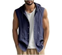 Men's Workout Hooded Tank Tops Casual Button Down Shirts Loose Cotton Linen T-Shirts Summer Beach Sleeveless Gym Shirt Bodybuilding Hoodies Cardigan Casual Outdoor Vest