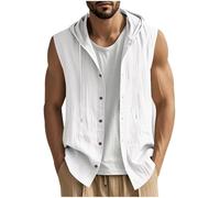 Men's Workout Hooded Tank Tops Casual Button Down Shirts Loose Cotton Linen T-Shirts Summer Beach Sleeveless Gym Shirt Bodybuilding Hoodies Cardigan Casual Outdoor Vest
