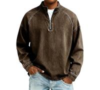 Mens Workout Sweatshirts Vintage Long Sleeve Quarter Zip Washed Streetwear Hippie Pullover Tops Casual Loose Fit Mock Neck Autumn Athletic Activewear Sweatshirt Brown
