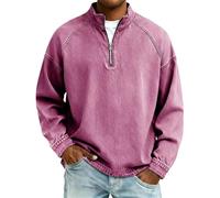Mens Workout Sweatshirts Vintage Long Sleeve Quarter Zip Washed Streetwear Hippie Pullover Tops Casual Loose Fit Mock Neck Autumn Athletic Activewear Sweatshirt Pink
