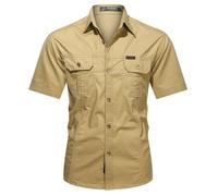 Men's Workwear Short Sleeved Shirts, Casual Cotton Shirts, Lapel Collar Button-Down Shirts for Men Military Style Shirt Summer Light Coats Safari Shirts Business Work Tops with Double Pockets Khaki
