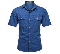 Men's Workwear Short Sleeved Shirts, Casual Cotton Shirts, Lapel Collar Button-Down Shirts for Men Military Style Shirt Summer Light Coats Safari Shirts Business Work Tops with Double Pockets Blue