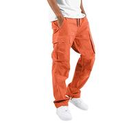 Mens Woven Cargo Pants: Mens Casual Sports Trousers Foot Cap Rope Solid Color Work Pants Relaxed Fit Cargo Pants Street Casual Trousers with Pockets Drawstring Trousers Orange