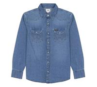 Mens Wrangler popper button western Denim Shirt - Mid Stonewash Blue