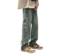 Mens Y2k Star Jeans High Waisted Hip Hop Streetwear Jeans Loose Baggy Embroidery Aesthetic Harajuku Denim Pants, Vintage Blue, Large