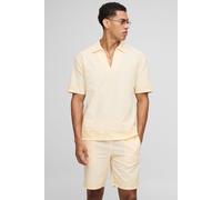 Mens Yellow Oversized Linen Look V Neck Embroidered Shirt and Shorts Set, Yellow L