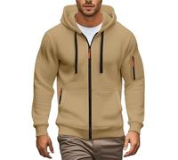 Mens Zip Fleece Sports Cotton Casual Sweatshirt Gym Solid Color Lightweight Oversize Hoodies Autumn Winter Zipper Up Long Sleeve Hooded Jogger Baggy Front Pockets Loose Thermal Fleece Cardigans Khaki