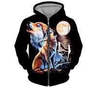 Men's Zip Hoodie Animal Wolf 3D Printed Sweater Casual Pullover Hooded Sweatshirt