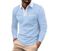 Men's Zip Polo Neck T Shirt Stretch Slim Fit Pocket up Tops Lightweight Basic Undershirt Casual Plain Gym Tee Top Comfort Fashions Work Long Sleeved for Everyday, Business Blue