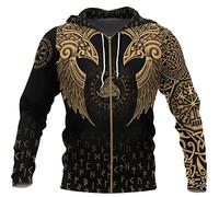 Men's Zip Up Hooded Sweatshirt Viking Symbol Tattoo Pattern Print Hoodie Unisex Long Sleeve Pullover Zip Cardigan with Pocket