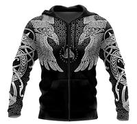 Men's Zip Up Hooded Sweatshirt Viking Symbol Tattoo Pattern Print Hoodie Unisex Long Sleeve Pullover Zip Cardigan with Pocket